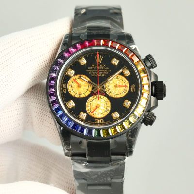 ROLEX Daytona Blaken 904L Steel 4130 Movement Rainbow Bezel Watch